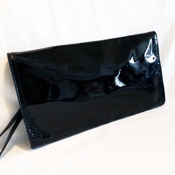 Karen Millen Black Patent Leather Clutch Bag-Leopard Print Interior & Hand Strap - Picture 6 of 14